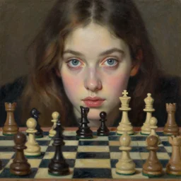 a girl behind chessboard, beautiful face, oil on canvas, artstation, by j. c. leyendecker and edmund blair leighton and charlie bowater, beautiful face, octane, very aesthetic!!!!!!!!!!!!!!! stunning gorgeous big eyes