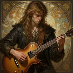 guitarist dreamscape, deep focus, d & d, fantasy, intricate, elegant, highly detailed, digital painting, artstation, concept art, matte, sharp focus, illustration, hearthstone, art by artgerm and greg rutkowski and alphonse mucha