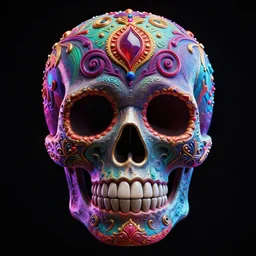 a highly detailed photographic render of intricately carved sugar skull, psychedelic, black background, neon light, intricate ornament, gilding, horror, dark fantasy, beautifully lit, ray traced, octane 3D render in the style of Gerald Brom and James Gurney