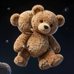 ragged and torn teddy bear floating in space, highly detailed, Charlie Bowater character art,