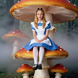 annie leibovitz photoshoot of very young gwyneth paltrow as alice from alice in wonderland, sitting on a giant mushroom, vibrant colors, atmospheric, mist, magical, fantasy, studio lighting, soft focus