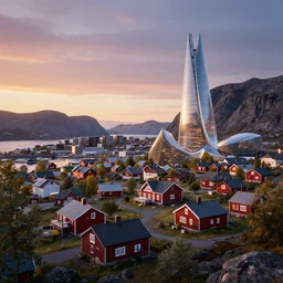 nordic village, sunset lighting, hyperrealism, futurism 4 k, octane render