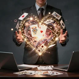 accountant in suit casting spells with the heart of the cards