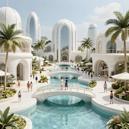 futuristic utopian paradise, canals, bridges, white marble buildings, tropical, palm trees, crowds of people, by leon tukker, hertha hurnaus, photography, cinematic lighting, detailed sharp focus, raytracing, global illumination, octane render, pinterest