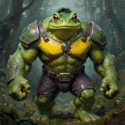 asthetic! macro medium shot, rugged anthropomorphic muscular!!!!!!!!! oversized!!!!!!!! hulked!!!! frog as oversized green armored barbarian armored hunter with yellow chest wearing war soldier uniform sci - fi armor in deep forest, foggy, oil painting by frazetta by greg rutkowski by frazetta y louie travis