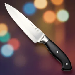 An extremely detailed colorful studio photo of a kitchen knife with a black handle; bokeh, 90mm, f/1.4