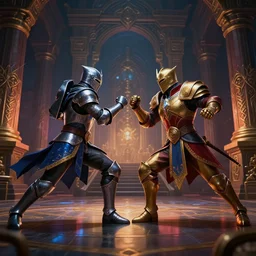 knights league of legends style fight in ancient temple, dark vibrant colors, volumetric lighting, movie action scene, 8 k, lumen reflections, sharpened, insanely detailed and intricate, elegant, ornate
