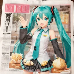 Newspaper photograph of Hatsune Miku solving world hunger