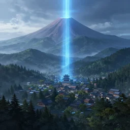 a powerful japanese village high in mountains and blue beam of light, calm morning, fanart artstation global illumination rtx hdr fanart arstation 3 d, volcano, concept art by greg rutkowski and laurie greasley, forest, fantastic landscape, 8 k, cinematic color grading