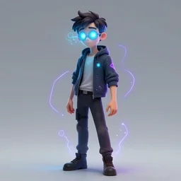 a levitating psychic computer nerd by jamie hewlett :: glowing eyes, psychic powers, magic, full body character concept art, color,