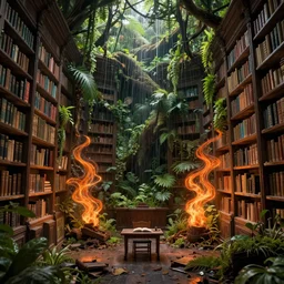 a decaying ( ( old library ) ) with a rainforest growing inside, orange - glowing - magical - wisps in air, highly detailed, intricate detail, realistic shaded lighting, beautiful 3 d rendering, octane render, hyperrealistic, trending on artstation, by greg rutkowski and simon stalenhag