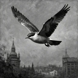 a bird flying high over london, black and white, oil painting, in the style of Da Vinci