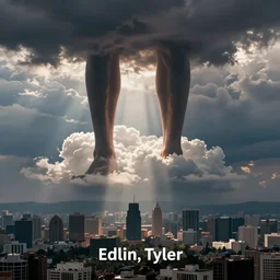 enormous legs descending from a cloud over a city by Edlin, Tyler