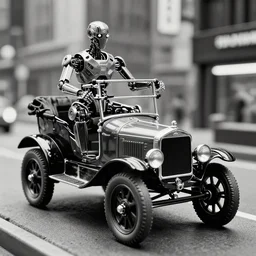 cyberpunk 1 9 0 8 model ford t by paul lehr, metropolis, vintage, robotic, black and white photo