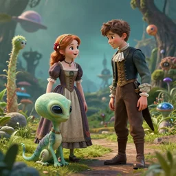 a girl and a boy standing next to some alien plants, looking happy, wearing victorian clothes, they are playing with their small pet alien creature, in a park on a alien planet, extremely high detail, ultra realistic facial details, ultra photorealistic raytracing, trending on artstation, 8k
