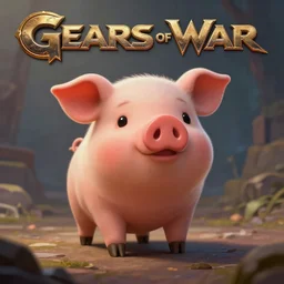 cute little anthropomorphic Pig (sus) in Gears of War cover art, ultra wide lens shot , tiny, small,  short, cute and adorable, pretty, beautiful, DnD character art portrait, matte fantasy painting, DeviantArt Artstation, by Jason Felix by Steve Argyle by Tyler Jacobson by Peter Mohrbacher, cinematic lighting