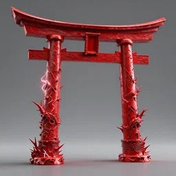 3 d render of a carved red torii gate sculpture, chrometype, made of liquid metal, neotribal with thorns and thunders, japanese temple, raytraced, volumetric lightning, 8 k, by zhelong xu, ouchh and and innate studio