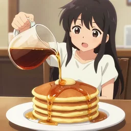 anime girl pouring syrup on herself instead of the pancakes