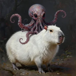 white capybara with cthulhu like features, surreal photography, dramatic light, impressionist painting, digital painting, artstation, kilian eng, john harris, bastien lecouffe - deharme, simon stalenhag