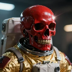 ornate red skull in astronaut suit, gold linens, cinematic lighting, dramatic,  octane render, long lens, shallow depth of field, bokeh, anamorphic lens flare, 8k, hyper detailed