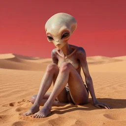 a portrait of a very beautiful alien in the desert, looking tired, sand, desert, beautiful colors, red sky, by greg rutkowski, trending on artstation