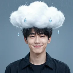 a character with a cloud on his head, raindrops instead of tears, disheveled thoughts, the subtle existence of reality in time, a beautiful face, a sweet smile by by wenjun lin