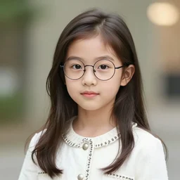 portrait, award - winning photo, cute, beautiful, faired skin, round faced, brown colored long hair, korean girl, wearing round glasses, white trendy clothes, bokeh