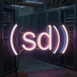 beautiful dark!!! gritty!!! studio painting of a big!!! wired neon sign that reads ( ( ( sd ) ) ). out of focus server room with wires in the background. perfectly shaded lighting, expressive!!!! creative!!!!! very very coherent, trending on artstation, greg rutkowski, hyper detailed, 4 k, high quality, smooth