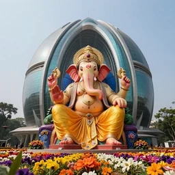 magnificent futuristic new delhi, sharp biophilic ganesha!! building, kalighat flowers, highly detailed, stephen shore & john j. park, cinematic light, wide shot, ground angle, uhd 8 k, sharp focus