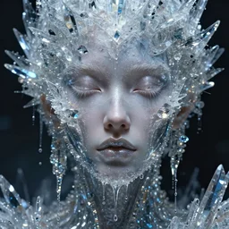 detailed face of a woman, lush, opulent, crystallized, petrified, light cascade, shimmer, utopian, tech noir, wet reflections, prism, atmospheric, ambient, pj crook, syd mead, livia prima, artgerm, greg rutkowski, nick alm, casey baugh