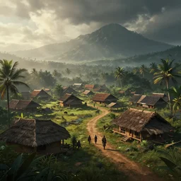 establishing shot of a kerala village, an epic fantasy, dramatic lighting, cinematic, extremely high detail, photorealistic, cinematic lighting, matte painting, artstation, by simon stalenhag, horizon forbidden west