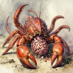 watercolor crustacean claw demon creature, barbed multiple tails volcanically macerated in cluster of shredded gastric surgery by richard corben, bernie wrightson, ian miller, & albrecht durer, fine art masterpiece baked at 3 0 0 f, matte painting, dystopian lighting, photorealistic render, cinematic,