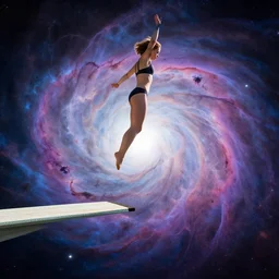 a young woman jumping off a diving board into a space nebula, ( ( karolis strautniekas ), loish, christopher balaskas, detailed, dynamic pose, halftone shaded, matte print, editorial illustration, risograph