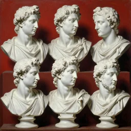 6 white exquisite ancient male busts, oil paint, classic art, 1 6 century style, volume light, in the style of beksinski, parts by edward hopper, parts by rodcenko, parts by yue minjun, diego velazquez, intricate and epic composition, red by caravaggio, insanely quality