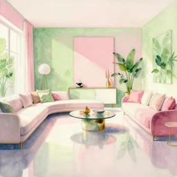 a hiper intricate watercolor of a beauty modern livingroom, reflexions, intricate details, pink and applegeen harmony palette smooth, by william turner art, by greg rutowski by edmund dulac, by carl larson