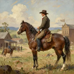 an extremely detailed masterpiece of a 1 8 9 0's gunslinger on his horse overlooking an old town, in the style of frederic remington and charles marion russell, digital art