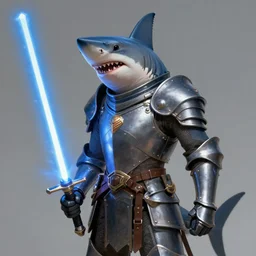 a shark wearing knight armor and a lightsaber, fantasy, digital portrait, scifi, realistic, detailed, concept art, comics, ruan jia, wlop