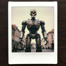 legnica. medium shot. giant cyborg cybernetic skull mark zuckerberg, in legnica, full body, cinematic focus, polaroid photo, vintage, neutral dull colors, soft lights, by oleg oprisco, by thomas peschak, by discovery channel, by victor enrich, by gregory crewdson