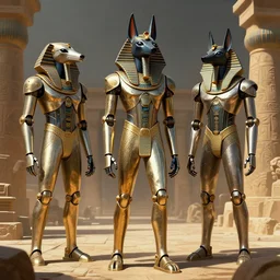 anubis-headed humanoid metal robots take over ancient egypt, detailed digital art, trending on Artstation