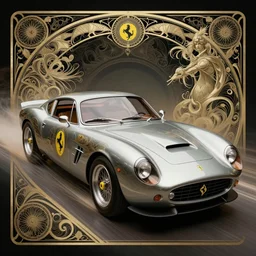 Art nouveau Ferarri car, fantasy, intricate motion blur designs, elegant, highly detailed, sharp focus, art by Artgerm and Greg Rutkowski and WLOP