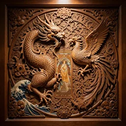 wood relief carving of dragon versus phoenix, exquisite, ornate, intricately carved, fractal, tarot, intricate details, art deco, hokusai, mohrbacher, alphonse mucha, redshift, spotlight, 4 k, trending on artstation, photorealistic, volumetric lighting, octane render