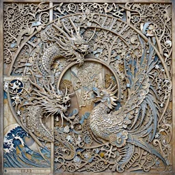 wood relief carving of dragon versus phoenix, exquisite, ornate, intricately carved, fractal, tarot, intricate details, art deco, hokusai, mohrbacher, alphonse mucha, redshift, spotlight, 4 k, trending on artstation, photorealistic, volumetric lighting, octane render