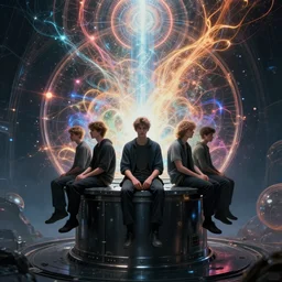 the gaia machine is able to harness and control the multidimensional energy bernetic hivemind with an emphasis on self - transformation a young man sitting in a black metal cylinder by dan mumford, anton fedeev, william higginson, ross tran, cosmic, heavenly, god rays, intricate detail, cinematic, cel shaded, unreal engine, featured on artstation, pixiv