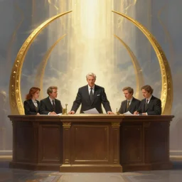 courtroom counsel with golden arcs, light kingdom backdrop, windy, d & d, fantasy, portrait, highly detailed, digital painting, trending on artstation, concept art, sharp focus, long shot, illustration, art by artgerm and kenneth noland and greg rutkowski and magali villeneuve