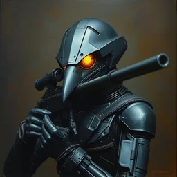 pitch black gunpla droid kenku sniper. long thin gun. neon goggle. anthropomorphic black bird beak. torso. odst raven beak helmet, science fiction, portrait by donato giancola and greg rutkowski and wayne barlow. oil on canvas. 1 9 7 8 cover. top all time r / imaginarycyberpunk.
