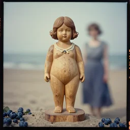 kodak portra 4 0 0, wetplate, muted colours, blueberry, 1 9 3 0 s style, award winning portrait of wooden skulptur of cute fat girl on beach, haze, motion blur, in the style of britt marling and by georges melies