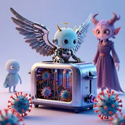 Cute Coronavirus Creatures, Infernal Nymph, The Graveyard, cinematic, hyper realism, high detail, octane render, unreal engine, 8k, vibrant color, Mechanical Angel, futuristic toaster with complex circuitry!, Integrating with Technology, by dom qwek and andrea chiampo