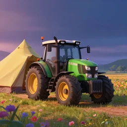 a tractor driving close to my tent, camping, farmers field, tent, tractor, medium shot, waist up, pixar and disney animation, sharp, rendered in unreal engine 5, anime key art by greg rutkowski, bloom, dramatic lighting