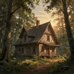 Old house in the forest, lit by the light of gods, sunrise, year 2100, hyper detailed, artstation, cgsociety by greg rutkowski and by Gustave Dore