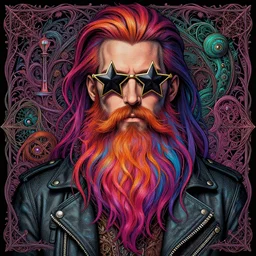 detailed hipster skinny man with star sunglasses, long vibrant colored beard, dmt, by james gurney + intricate and vibrant work + portrait + trending on artstation + incredible gothic illustration + exquisite detail